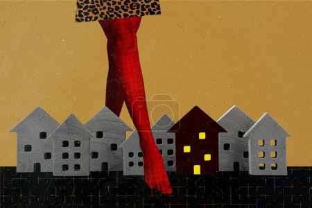 Composite photo collage of woman legs wear leopard skirt barefoot step house buyer domination owner isolated on painted background.
