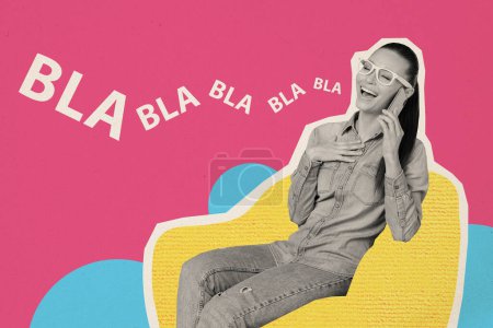 Compuesto tendencia ilustraciones boceto imagen 3D foto collage de joven dama sentarse sillón de la mano teléfono inteligente hablar feliz bla friendly smalltalk.