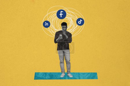 Collage d'image créative jeune homme réfléchi penser décider smartphone médias sociaux facebook instagram tiktok utilisateur du réseau.