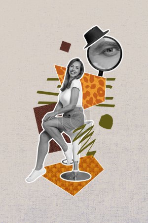 Vertical photo collage of happy girl sit chair strange man stalker zoom eye lens ex spy follow stare betrayal isolated on painted background.