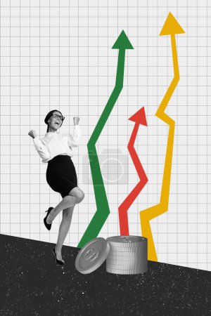 Vertikale Foto-Collage Bild jung glücklich freudig Dame Geschäftsstatistik Fortschritt erreichen Ziel Gewinn Gewinn Finanzmarkt.