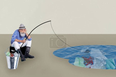 Tendencia ilustraciones boceto imagen compuesto 3D collage de fotos de edad triste pensionista aburrido pesca con caña obtener basura calentamiento desastre ecológico.