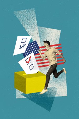 Vertical photo collage of happy guy run ballot box put paper sheet check mark nation democracy election vote isolated on painted background.