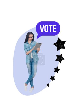 Vertical photo collage of serious citizen girl hold ipad surf online vote election service agitation choice isolated on painted background.