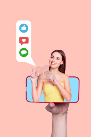Vertical creative picture collage young happy cheerful girl showing social media notifications thumb up comment like follow blogging.