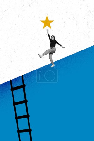 Composite trend artwork sketch image 3D photo collage of young happy success lady walk to stairs go down raise hand to star in air.