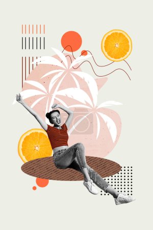 Vertikale Foto-Bild-Collage positive fröhliche Frau freuen sich exotische Palmen Urlaub Tourismus tropische Umgebung Hintergrund.