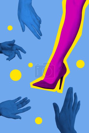 Composite collage image of woman leg high heels shoe shopping fantasy billboard comics zine minimal.