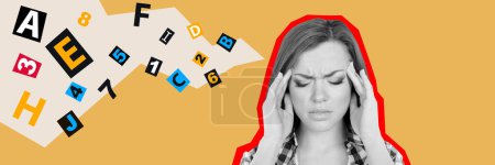 Creative abstract template collage of panorama sad female confused thoughts letters words fantasy billboard comics zine minimal.