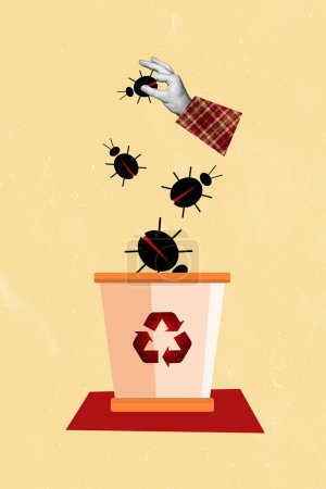 Vertikale Foto-Collage von menschlicher Hand werfen Insekten Käfer Mülleimer Recycling-Kreislauf Lebensraumschäden gefährdet isoliert auf gemaltem Hintergrund.