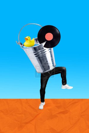 Skizze Bild Foto-Collage von körperlosen Person Ikognito tragen Metallkorb Wasser Spielzeug Ente Vinyl-Recorder Musik spielen unbeschwerte Retto-Party.