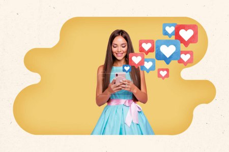 Kreativ Bild Collage Bild junge lächelnde süße Mädchen smm Targetologe Social Media Netzwerk Feedback Reaktion Zeichnung Hintergrund.