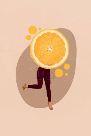 Trend artwork sketch image 3D photo collage of bodyless person incognito stand on legs jump half orange fruit juice eat cook hungry.