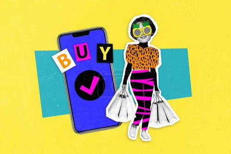 Composite photo collage of happy cheer girl weird glasses hold shopper iphone shopping check mark confirm bag isolated on painted background.