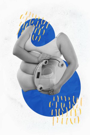 Vertikale Foto-Collage kopflose übergewichtige Mädchen tragen Dessous halten Waagen Bauch Schlankheitsproblem Diät isoliert auf gemaltem Hintergrund.