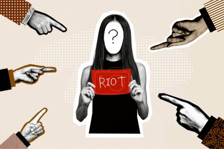 Collage photo composite de femme interrogée stand émeute grève problème collègues pointent du doigt blâme haine isolé sur fond peint.