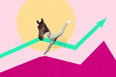 collage compuesto de estadísticas gráficos deporte joven sin cabeza de incógnito llevar máscara de cabeza de caballo ejecutar en gran salto de flecha bailarina de ballet.