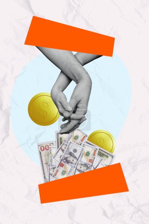 Vertikale Fotocollage der Hände zusammenhalten Erfolg Genehmigung Deal Haufen Dollar Währung Einkommen Finanzierung isoliert auf gemaltem Hintergrund.