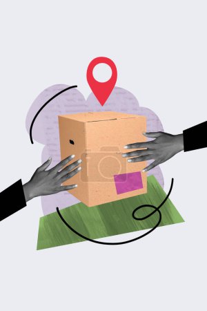 Sketch composite artwork photo collage of huge delivery box supply geo point location place bodyless courier hands give incognito person.