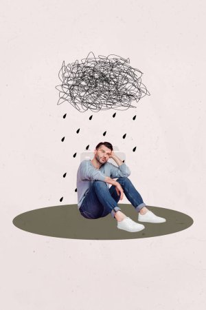 Composite sketch image trend artwork photo collage of young guy sad sit hold hand on head upset bad mood psychology cloud rain fall.