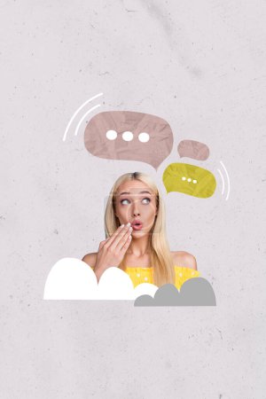 Collage image verticale de fille blonde choquée excitée regarder la boîte de texte phrase bulle communication parler isolé sur fond coloré.