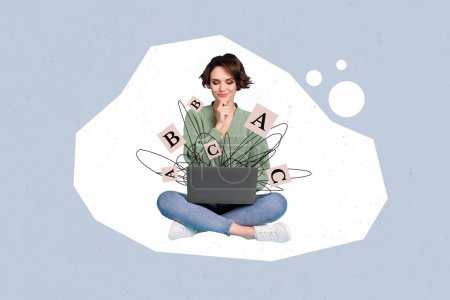 Dibujo compuesto ilustraciones collage de fotos de la joven dama sentarse loto pose hold portátil pensar tipo autor escribir libro charlando mensaje cartas volar.