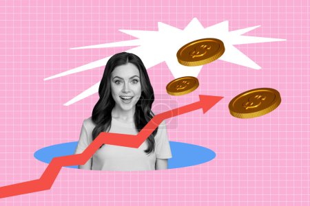 collage creativo imagen joven alegre chica sorprendida flecha dinámica dinero ingresos aumento beneficio progreso comercio éxito.