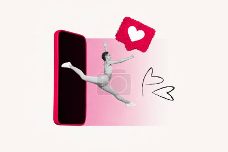 Composite artwork collage of smartphone heart icon notification fly around young woman sport ballet training jump appear display surprise.