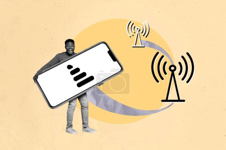 Composite collage of beige background black white silhouette young man carry hand hold smartphone internet antenna signal global contact.