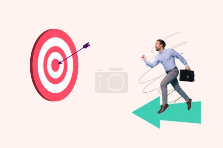 Imagen creativa collage joven feliz empresario emocionado seguir adelante éxito de negocios lograr objetivo tiro con arco objetivo flecha persistencia.