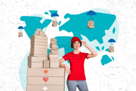 Composite collage picture image of funny female deliver pile carton box world shipping unusual fantasy billboard comics zine.
