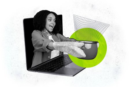 Composite-Skizze Bild 3D-Fotocollage von schwarz-weißer Silhouette junge schockierte Dame erscheinen frrom Laptop-Bildschirm halten in der Hand heißen Kochtopf.