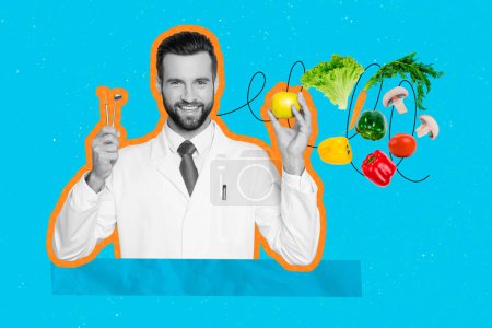 Composite photo collage of happy guy doctor hold dentist equipment healthy vegetables teeth care procedure isolated on painted background.
