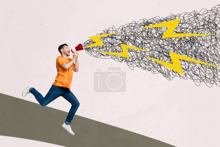 Croquis composite image tendance illustration photo collage de jeune homme courir prise active dans la main haut-parleur proclamer voix forte nouvelles informations.