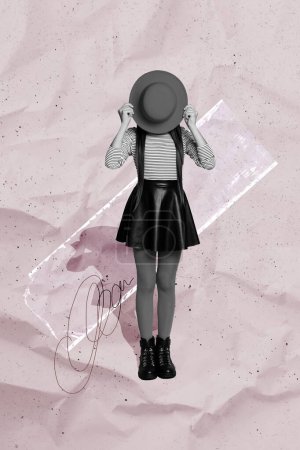 Composite Trend Artwork Bild Foto Collage von schwarz weißer Silhouette junge Dame Modell Mode aussehen kopflose Abdeckung Gesicht Hut Hand halten.