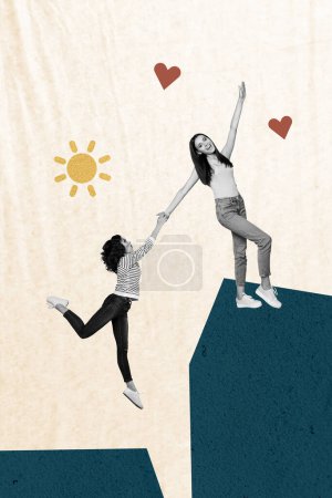 Composite Collage von beige Farbe Hintergrund Spende Charity junge zwei Dame helfen klettern Hand halten Herz Kreuz spenden Hilfe zusammen unterstützen.