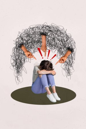 Sketch image trend artwork composite collage of young sad lady sit hug hand knees three hands appear from doodle finger point bullying.