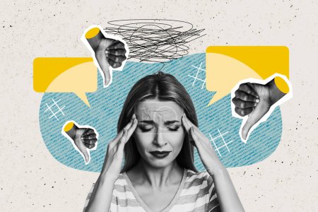 Composite photo collage of upset stressed blonde girl hold head hand show thumb down hate bullying victim isolated on painted background.
