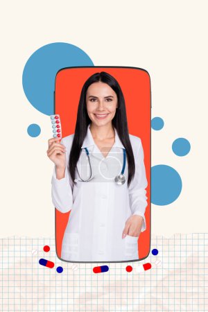 collage de fotos verticales de la niña feliz médico mantenga tableta tratamiento covid prevención pantalla del iphone anuncio aislado sobre fondo pintado.