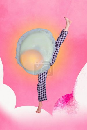 Composite trend artwork sketch image photo collage of incognito person wear huge food fried breakfast egg woman legs stretching raise kick.