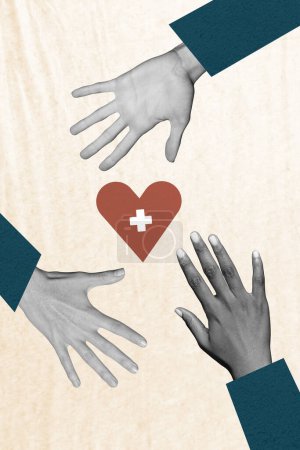 Composite collage of beige color background donation charity group three hands hold heart white cross donate help each other share support.