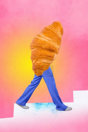 Trend artwork composite sketch collage of incognito person bodyless pose walk man legs croissant bakery unhealthy food fast fat.