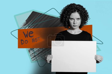 Composite photo collage of angry frown girl hold paper sheet banner inscription feminism rights strike isolated on painted background.