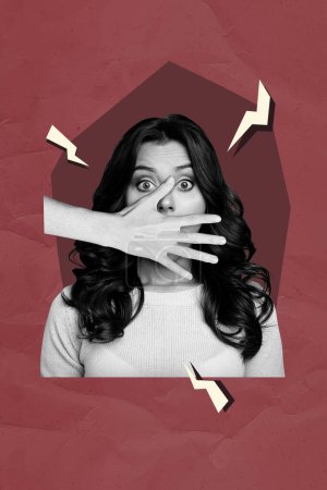 Composite Foto-Collage von roter Farbe zurück schwarz weiß Silhouette Frau Diskriminierung Deckel Mund halten stummes Opfer junge Mädchen Schock aussehen.