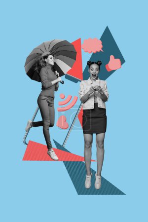 Vertical photo collage of astonished girl hold iphone device receiver reaction another lady walk umbrella isolated on painted background.