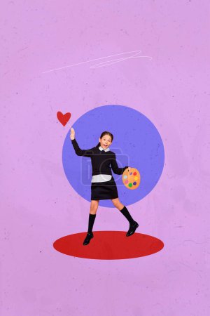 Vertical photo collage of happy school girl wear uniform back school concept hold brush palette art lesson isolated on painted background.