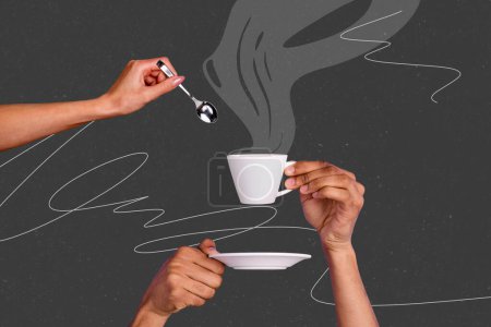 collage de fotos compuesto de las manos sostienen café americano taza vapor bebida caliente cafetería hobby disfrutar relajarse aislado sobre fondo pintado.