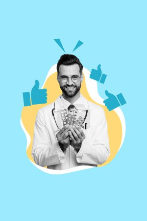 Vertikale kreative Collage Bild lächelnd fröhlich Arzt Mann halten Tabletten Dosis Drogerie Behandlung Rezept Daumen nach oben wie Feedback.