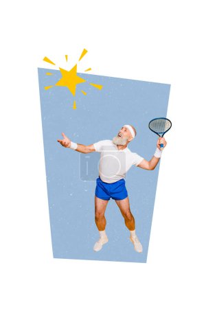 Vertical photo collage of happy elderly man tennis player hit star racket competition sport hobby lifestyle isolated on painted background.