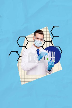 Vertical picture collage doctor medical work scientist experiment glass tubes liquid test vaccine cure checkered background.
